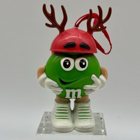 M&M's Mini Character Christmas Theme Green With Red Hat With Antlers 4" - Picture 1 of 3